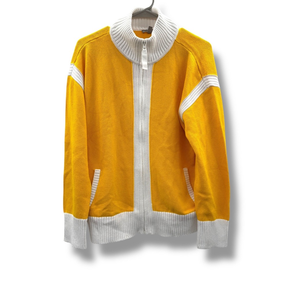 T by Talbots‎ Full Zip Sweater Womens XLp Yellow White Colorblock Mock Neck